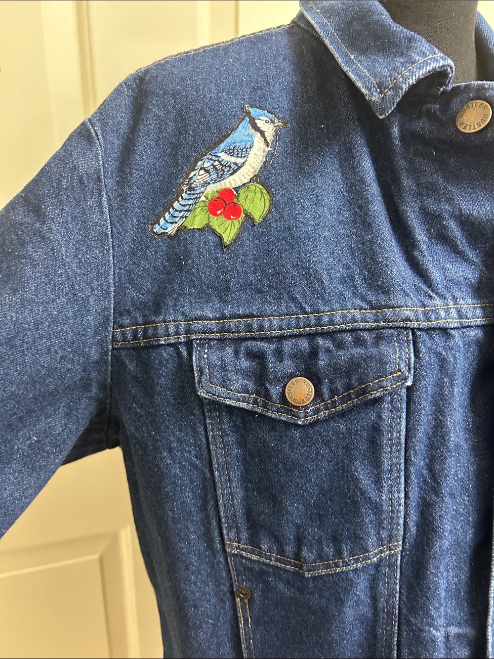RUSTLER Large Jean jacket with handmade bird design, EUC - Picture 3 of 12